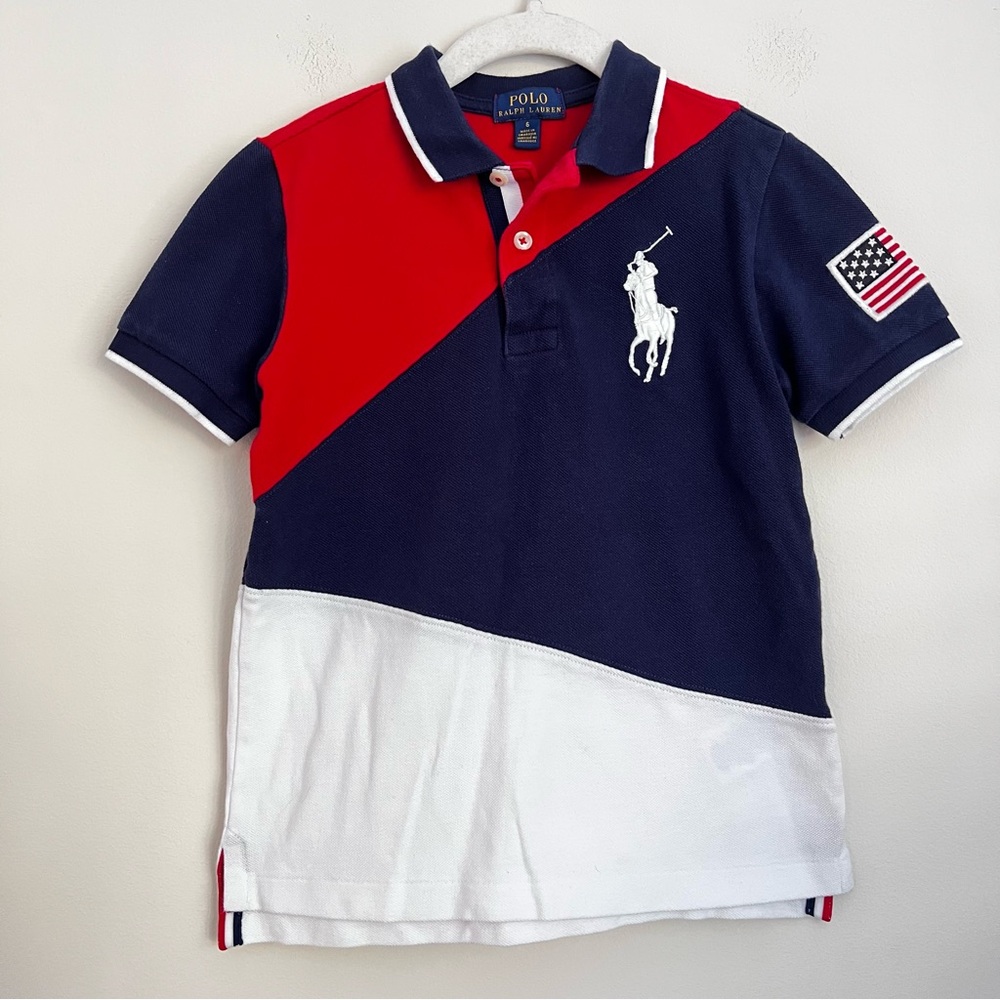 Polo Ralph Lauren boys polo shirt short sleeve colorblock USA flag big pony 6